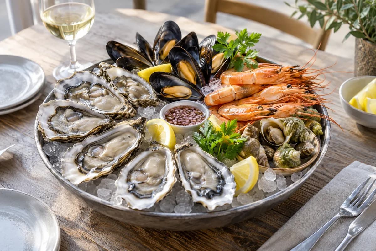 Plateau de coquillages et fruits de mer — illustration générée